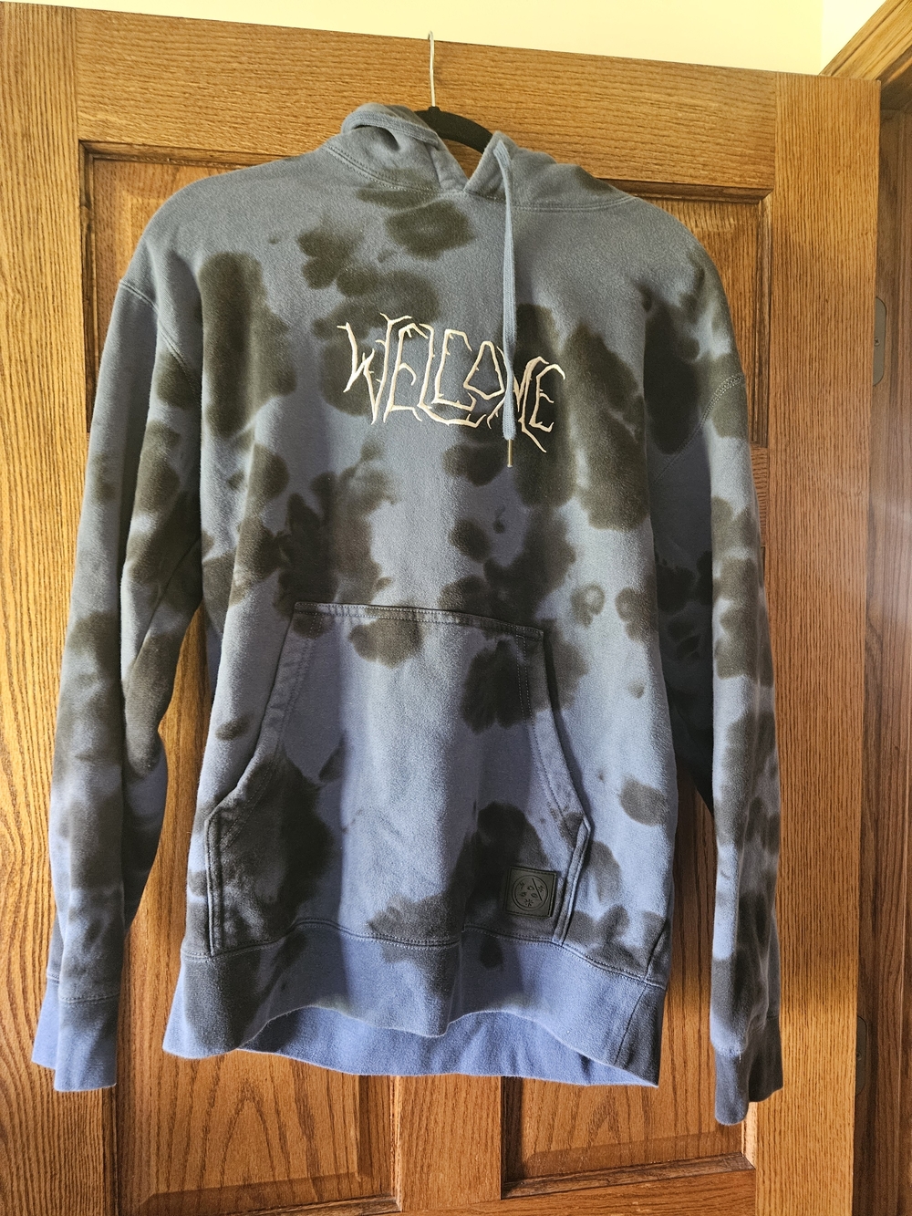 Tie-Dye Blue Pullover Hoodie with Graphic Chest Logo